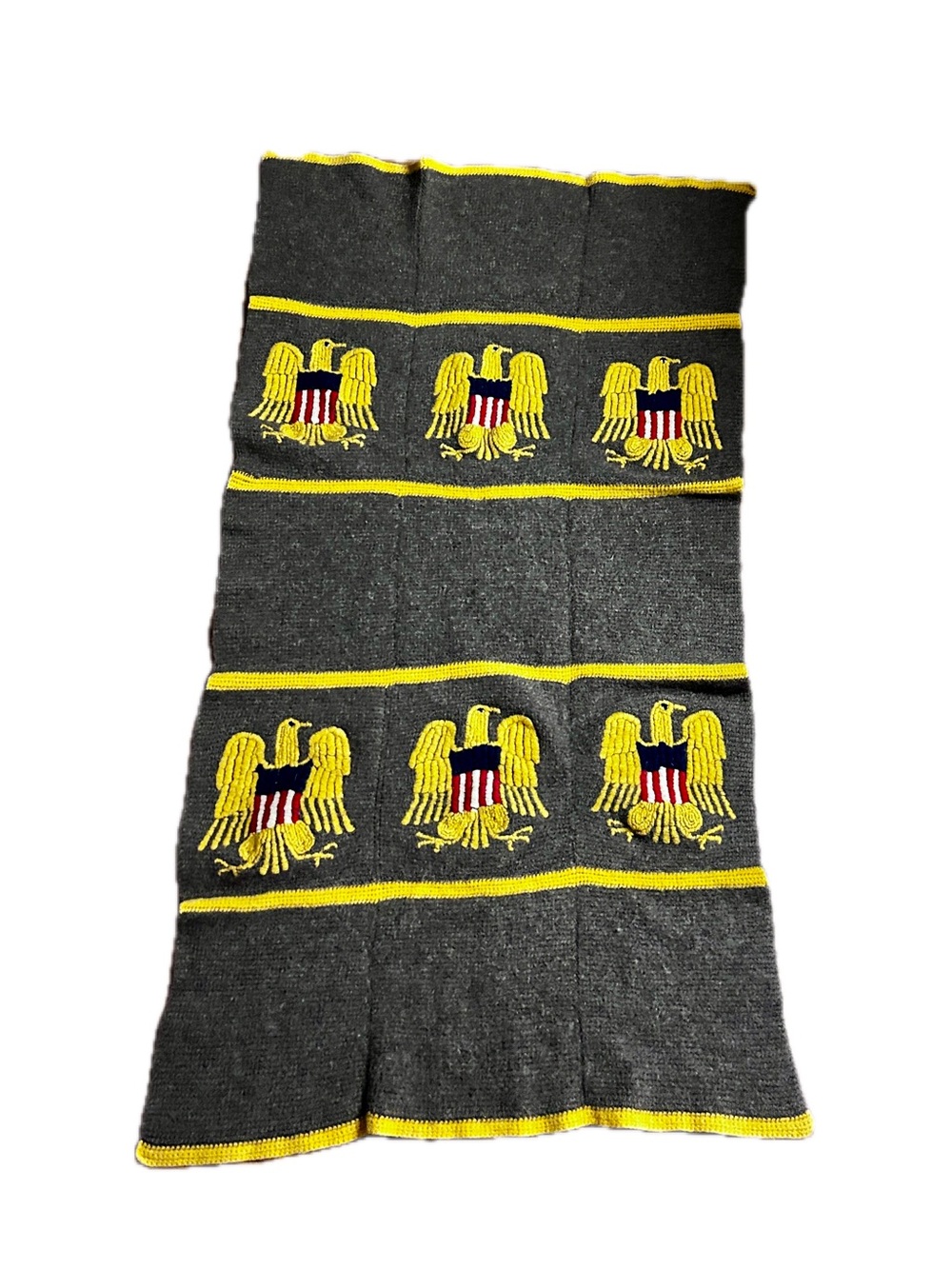 Handmade ~ Vintage ~ Gray ~ Patriotic/ Army Gold Eagle Embroidery ~ Wool Blanket